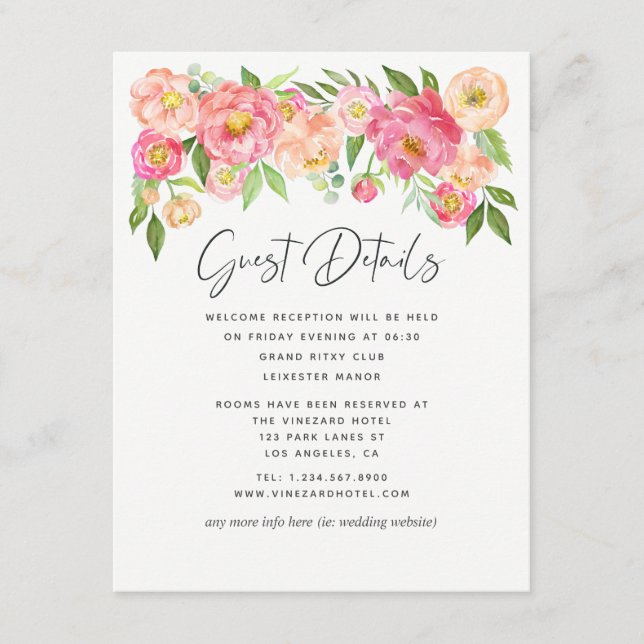 Spring Peony Flowers Wedding Guest Details Enclosure Card (Front)