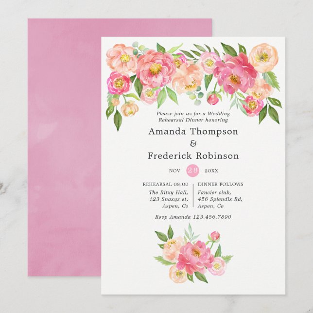 Spring Peony Flowers Wedding Rehearsal Dinner Invitation (Front/Back)