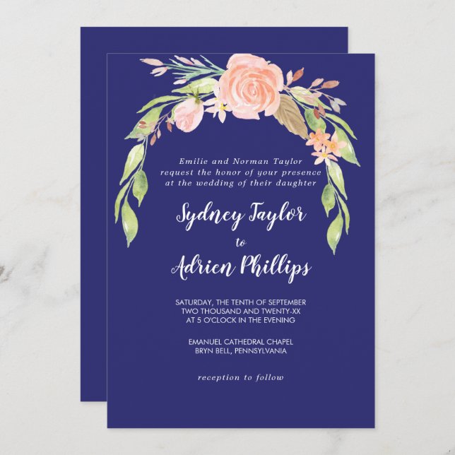 Spring Peony Navy Formal Wedding Invitation (Front/Back)