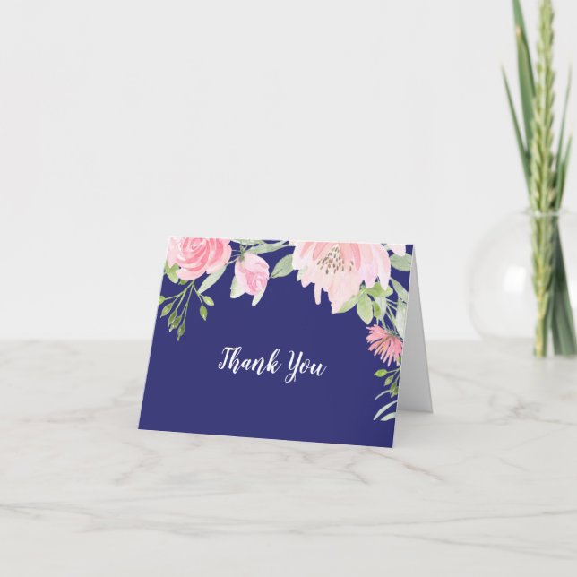 Spring Peony Navy Wedding Thank You Card (Front)