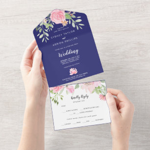 Spring Peony Navy White Wedding All In One Invitation