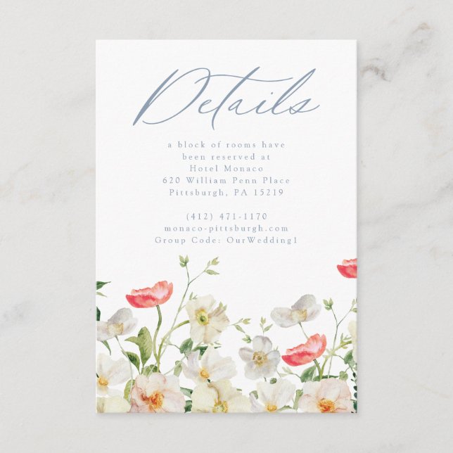 Spring Peony Watercolor Wedding Details Card (Front)