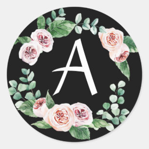 Spring peony wreath with letter customisable classic round sticker