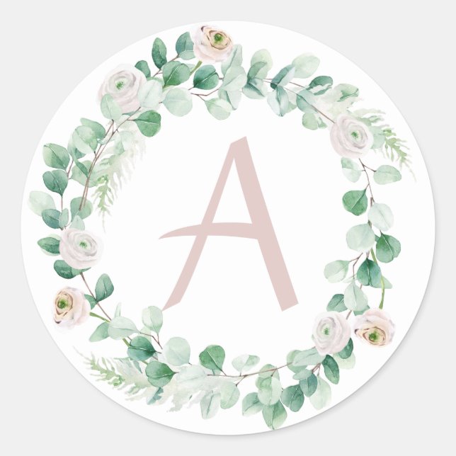 Spring peony wreath with letter customisable classic round sticker (Front)