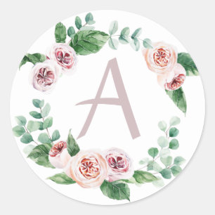 Spring peony wreath with letter customisable classic round sticker
