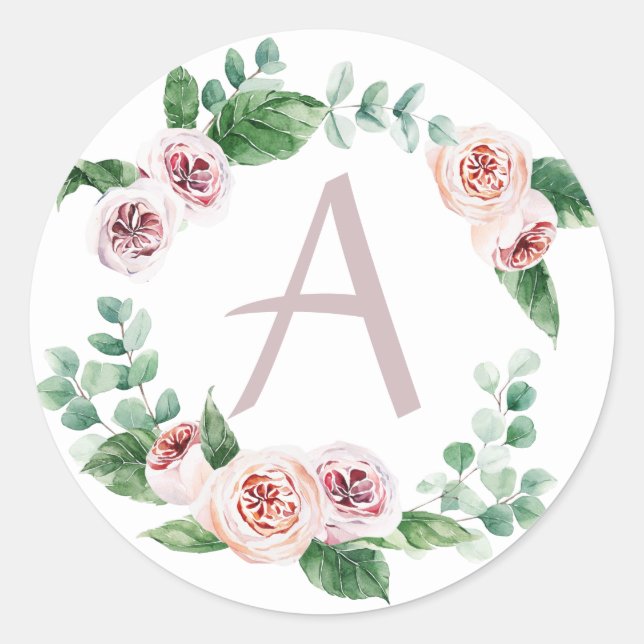 Spring peony wreath with letter customisable classic round sticker (Front)