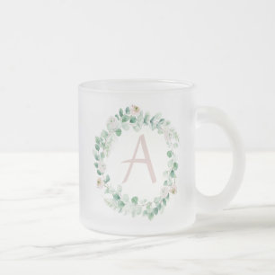 Spring peony wreath with letter customisable frosted glass coffee mug