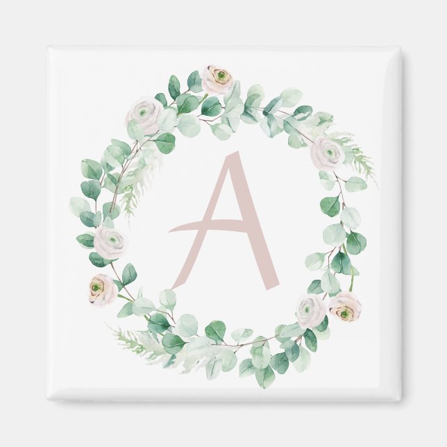 Spring peony wreath with letter customisable magnet (Front)