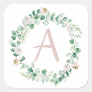 Spring peony wreath with letter customisable square sticker