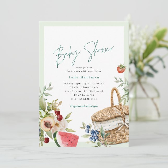 Spring Picnic | Neutral Green Baby Shower Brunch Invitation (Standing Front)