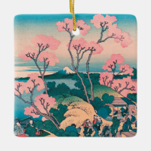 Spring Picnic under Cherry Tree Flowers Mount Fuji Ceramic Ornament