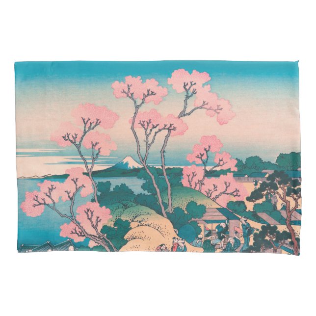 Spring Picnic under Cherry Tree Flowers Mount Fuji Pillowcase (Front)