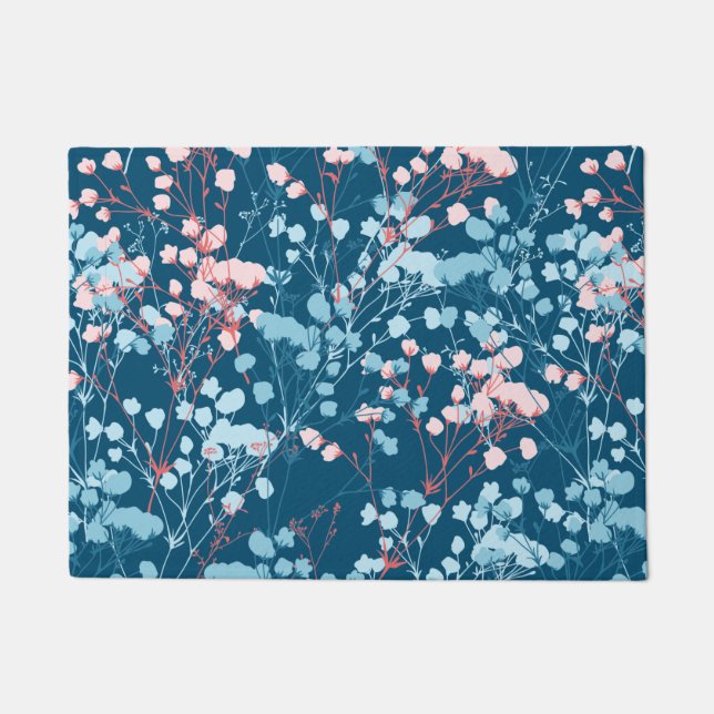 Spring Pink and Blue Floral Plant Pattern Doormat (Front)