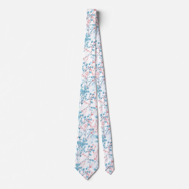 Spring Pink and Blue Floral Plant Pattern Tie (Front)