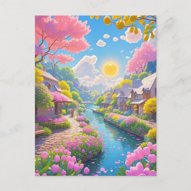 Spring Pink Blooms Scenic Riverside Nature Postcard (Front)