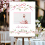 Spring Pink Blossom 1st Birthday Photo Welcome Poster<br><div class="desc">Cute 1st birthday photo welcome sign (poster) features a pink blossom border adorned with bows and butterflies.</div>