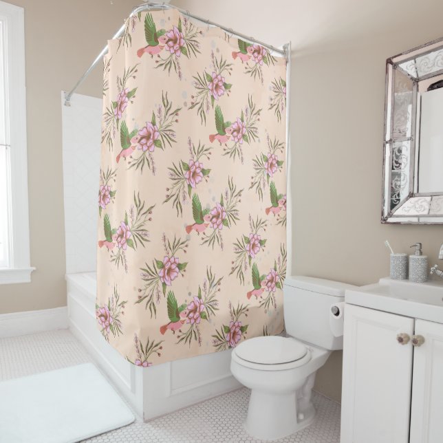 Spring Pink Blossom with Birds Pattern Shower Curtain (In Situ)