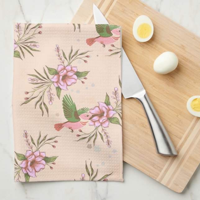 Spring Pink Blossom with Birds Pattern Tea Towel (Quarter Fold)