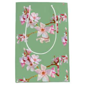 Spring Pink Blossoms Sage Green Medium Gift Bag