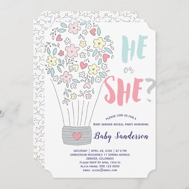 Spring pink blue floral blooms gender reveal party invitation (Front/Back)