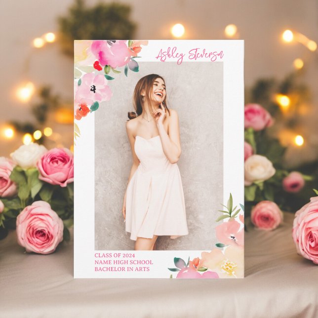 Spring pink boho chic garden floral graduation announcement (Spring pink boho chic garden floral graduation announcement)