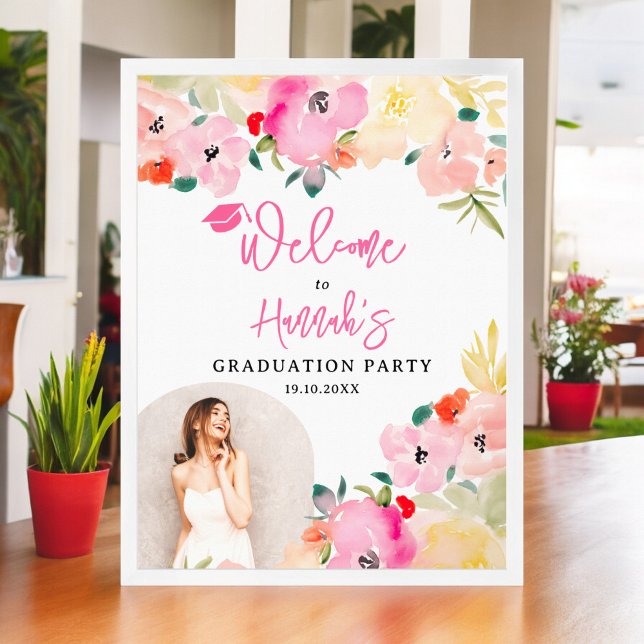 Spring pink boho  garden floral graduation welcome poster (Spring pink boho garden floral graduation welcome poster)