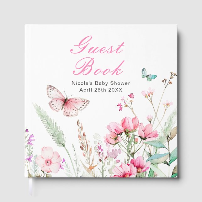 Spring Pink Butterfly Floral Baby Shower Guest Book (Front)