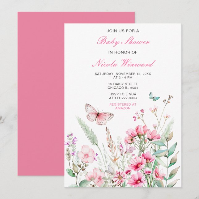 Spring Pink Butterfly Floral Baby Shower Invitation (Front/Back)