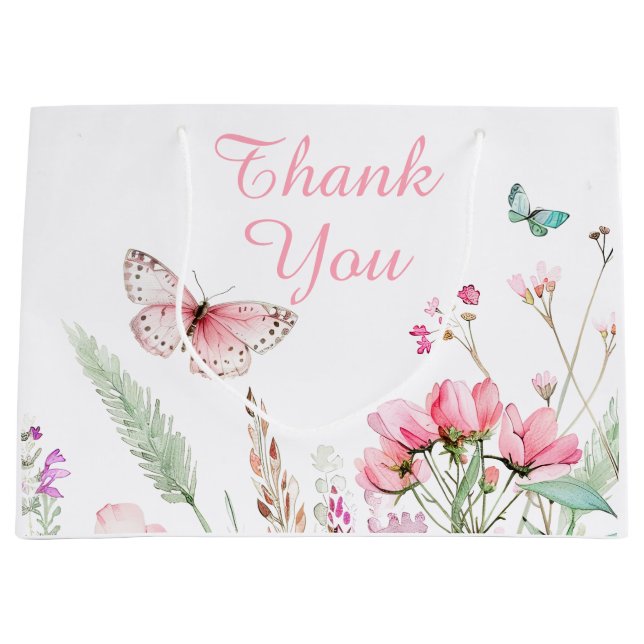 Spring Pink Butterfly Floral Baby Shower Large Gift Bag (Front)