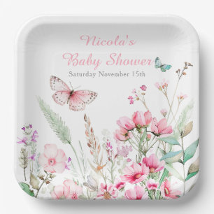 Spring Pink Butterfly Floral Baby Shower Paper Plate