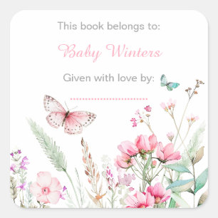 Spring Pink Butterfly Floral Baby Shower Square Sticker