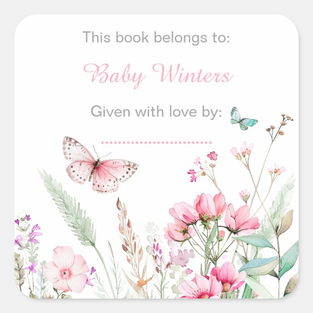 Spring Pink Butterfly Floral Baby Shower Square Sticker (Front)