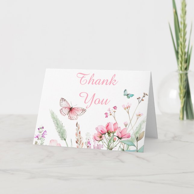 Spring Pink Butterfly Floral Baby Shower Thank You Card (Front)