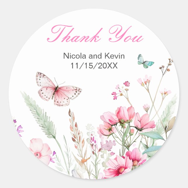 Spring Pink Butterfly Floral Wedding Classic Round Sticker (Front)