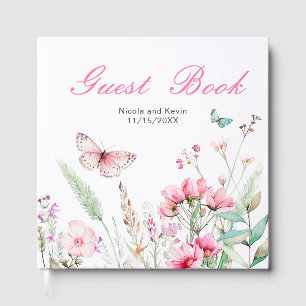 Spring Pink Butterfly Floral Wedding Guest Book