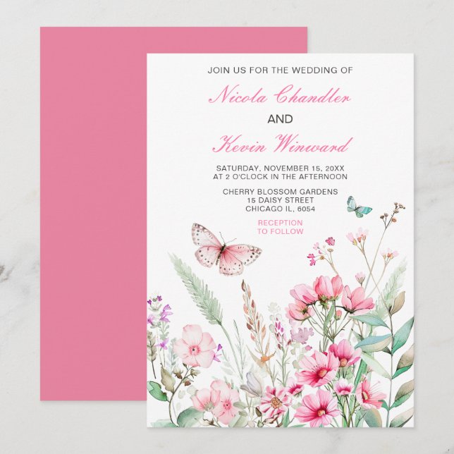 Spring Pink Butterfly Floral Wedding Invitation (Front/Back)