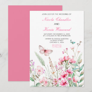 Spring Pink Butterfly Floral Wedding Invitation