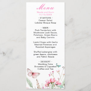 Spring Pink Butterfly Floral Wedding Menu