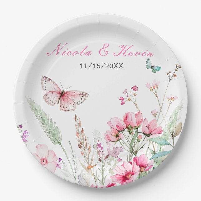 Spring Pink Butterfly Floral Wedding Paper Plate (Front)