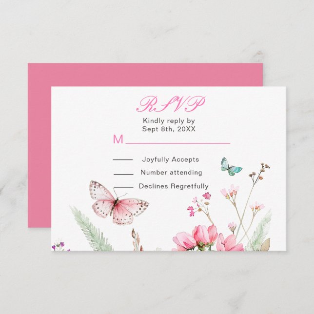 Spring Pink Butterfly Floral Wedding RSVP Card (Front/Back)