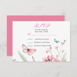 Spring Pink Butterfly Floral Wedding RSVP Card