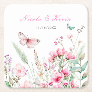 Spring Pink Butterfly Floral Wedding Square Paper Coaster