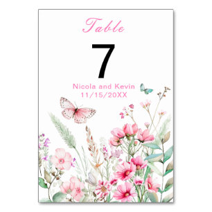 Spring Pink Butterfly Floral Wedding Table Number