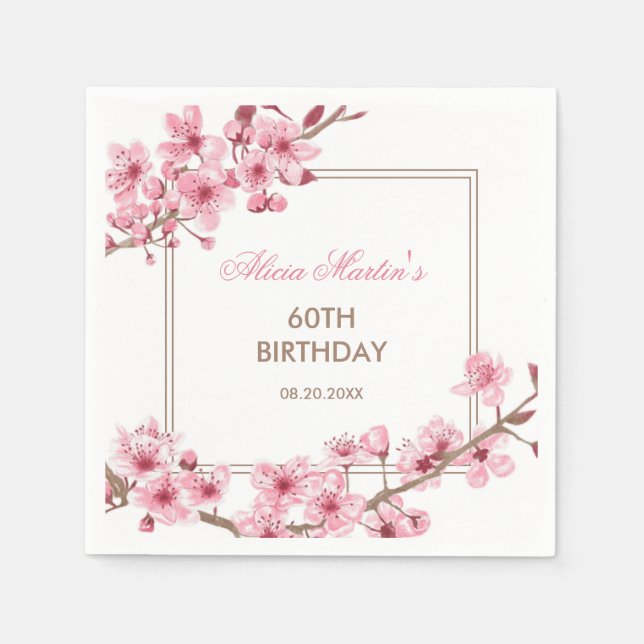 Spring Pink Cherry Blossom Floral Birthday  Napkin (Front)