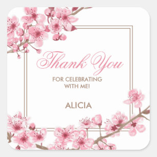 Spring Pink Cherry Blossom Floral Birthday  Square Sticker