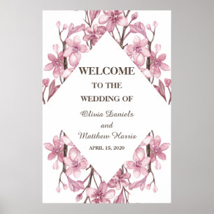 Spring pink cherry blossom. Floral wedding Welcome Poster