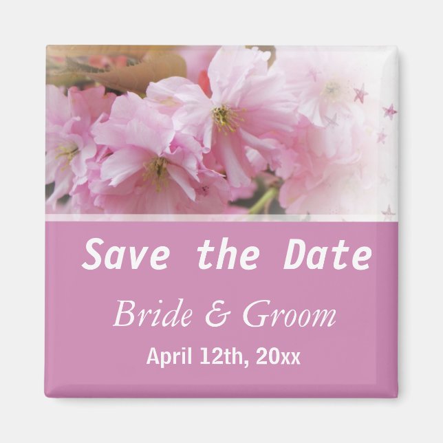 Spring pink cherry blossom save the date wedding magnet (Front)