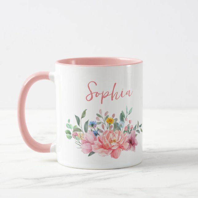 Spring Pink Floral Bouquet Personalise Name Mug (Left)