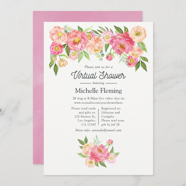 Spring Pink Floral Girl Virtual Baby Shower Invitation (Front/Back)