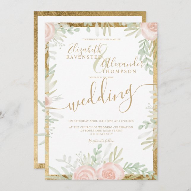Spring Pink floral gold border chic white wedding Invitation (Front/Back)